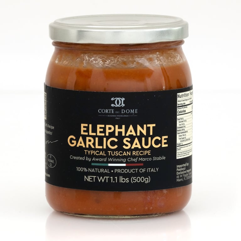 Jar of Corte di Dome Elephant Garlic Sauce, a Tuscan recipe product with red sauce visible through the glass container and silver lid