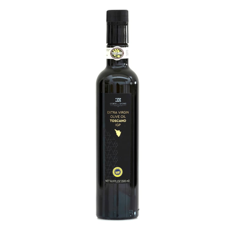 Bottle of extra virgin olive oil IGP with black label and gold seal on white background