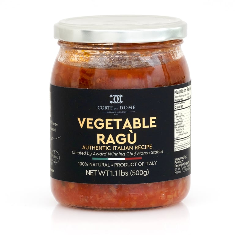 Jar of Corte and Dome Vegetable Ragu pasta sauce, 500g, with black label and silver lid