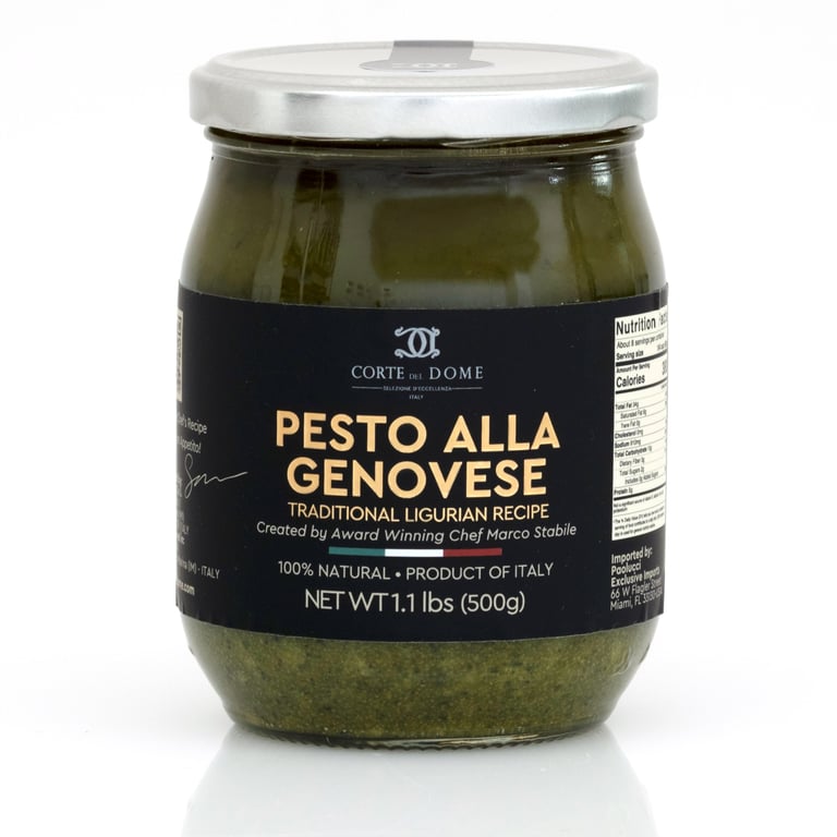 Jar of Corte di Dome Pesto alla Genovese, 1.1 lbs, traditional Italian basil pesto in clear glass container with black label