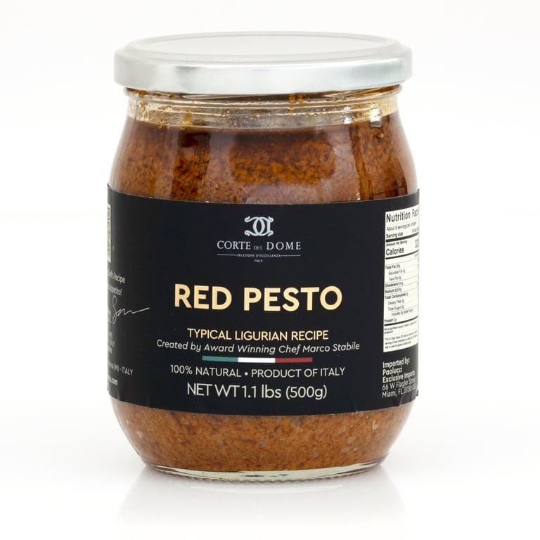 Glass jar of Corte di Dome Red Pesto, 500g, Italian product with black label and white lid