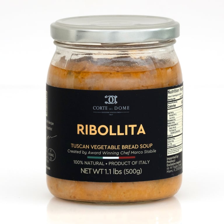 Jar of Corte Dome Ribollita Tuscan vegetable bread soup, 1.1 lbs, with black label and metal lid