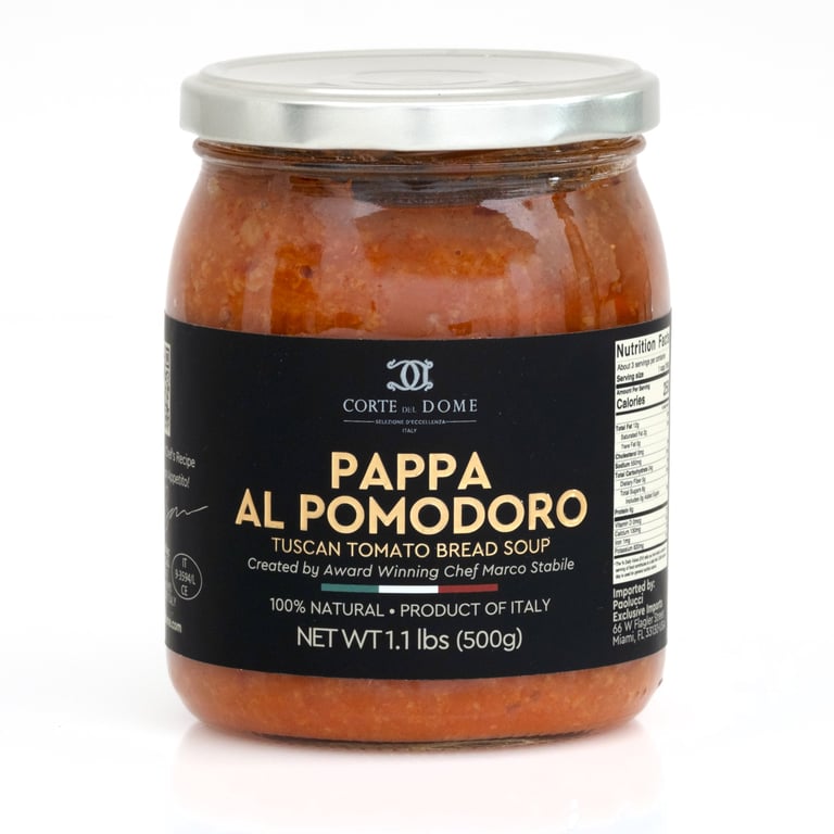 Jar of Corte di Dome Pappa al Pomodoro Tuscan tomato bread soup, 500g, with metal lid and black label