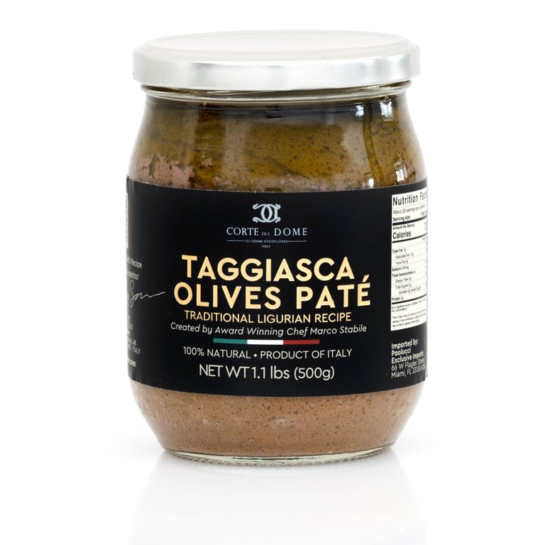 Jar of Corte di Dome Taggiasca Olives Pate, traditional Ligurian recipe, 500g product